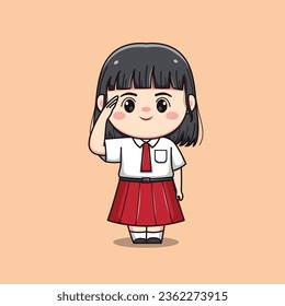 Indonesian student elementary school saluting cute kawaii girl character