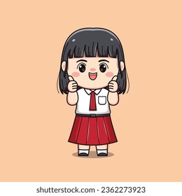 El pulgar de la escuela primaria de estudiantes indonesios hacia el lindo personaje de una chica kawaii