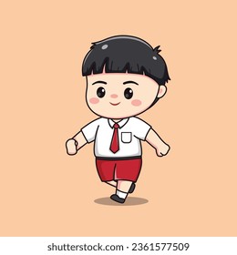 Indonesian student elementary school walking cute kawaii boy character