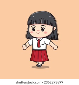 Estudiantes de primaria indonesios caminando lindo personaje de chica kawaii
