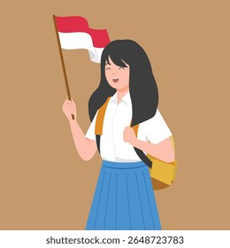 Indonesian student girl holding flag illustration