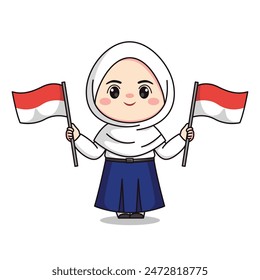 Indonesian student junior high school holding flag cute hijab girl character