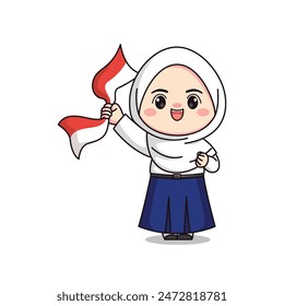 Indonesian student junior high school holding flag cute hijab girl character