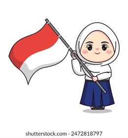 Indonesian student junior high school holding flag cute hijab girl character