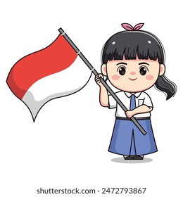 Estudiante indonesio de secundaria superior sosteniendo la bandera lindo kawaii personaje de niña