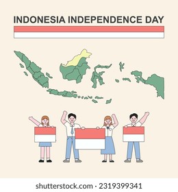 Indonesian students celebrate independence day. Nationality concept. Outline flat design style minimal vector illustration set.