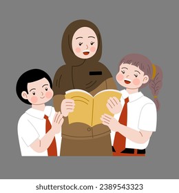 Indonesian students read book with teacher