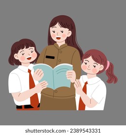 Indonesian students read book with teacher