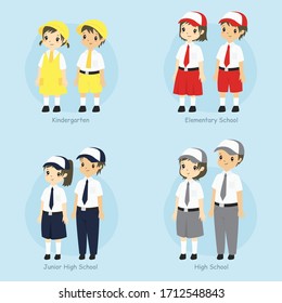 Indonesian students in Indonesian school uniform, cartoon vector set.