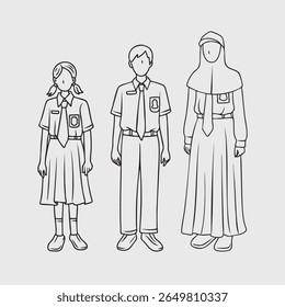Indonesian Students in School Uniforms. Thin Line Art.