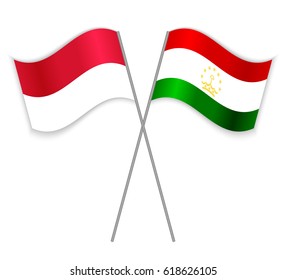 Indonesian and Tajikistani crossed flags. Indonesia combined with Tajikistan isolated on white. Language learning, international business or travel concept.