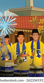 Indonesian tanjidor illustration with city landscape background design idea