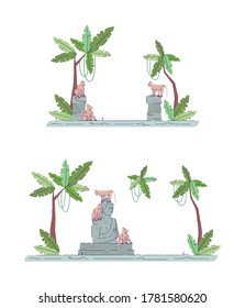 Indonesian temple ruins semi flat RGB color vector illustration set. Palmtrees and shrine remnants. Monkeys in jungle architecture isolated cartoon objects on white background collection