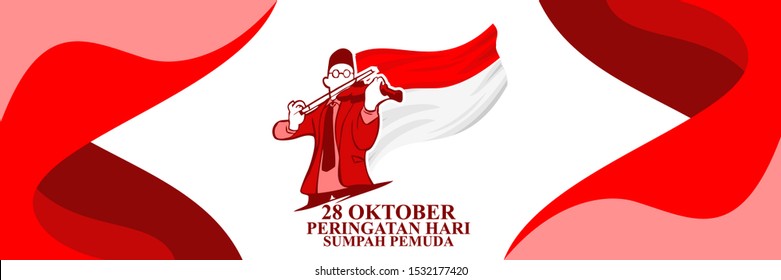 Indonesian text: October 28, Youth Pledge remembrance day. Happy Youth Pledge (Sumpah Pemuda) with violin musician who plays the national anthem of Indonesia vector illustration. 