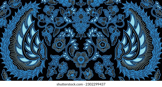 Indonesian traditional batik patterns from Solo with blue color, Central Java. Garuda sidomukti batik pattern