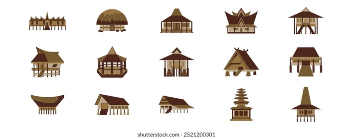 Conjunto de ilustración plana de edificio tradicional indonesio. Incluyen de Indonesia antigua, casa, vintage, religión, historia, etnia y más. Ilustración vectorial aislada.