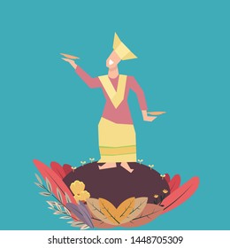 Indonesian traditional dance and dress vector illustration, padang woman dancing traditional dance call piring dance design, tari piring sumatra selatan