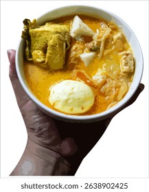 Indonesian traditional dish Lontong Sayur with boiled egg, chicken, and vegetables in coconut curry soup