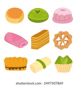 Indonesian traditional snacks food vector set, indonesian sweet desserts, flat illustration design template elements, kue basah jajanan pasar tradisional indonesia