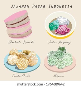 Indonesian traditional snacks such as klepon, onde-onde, putu mayang and rambut nenek.