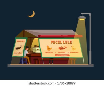 indonesian traditional street food restaurant selling fish and fried chicken at night scene illustration in cartoon vector