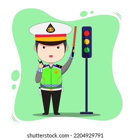 Indonesian Traffic Police Officer On Highway Patrol Cartoon Vector