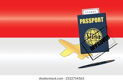 Indonesian Travel Documentation Concept with blue Passport and Indonesia Flag. Approved Stamp. Airplane and Travel Tickets. Ideal for Immigration Tourism and Traveling Themes. Vector EPS available