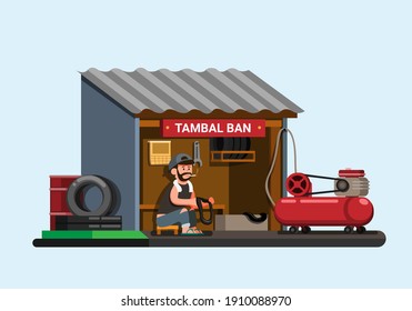 Indonesian tyre repair shop aka Tambal Ban concept in cartoon flat illustration vector