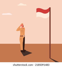 Veterano indonesio en ceremonia de la bandera. una persona saludando a la bandera indonesia. Día de la Independencia de Indonesia. Ceremonia de la bandera el 17 de agosto. Ilustración del vector