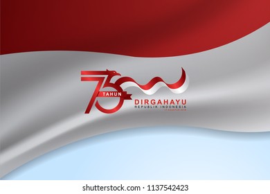 Indonesian wavy flag texture. Happy independence day indonesian translation. Red and white flag color combination.
