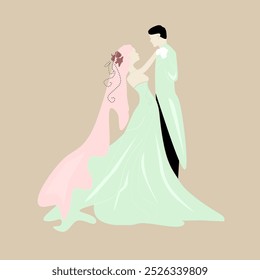 Indonesian wedding couple dancing the first dance at their wedding Groom in dark suit with tie Bride in green sage sequined wedding dress Stock Vector. illustration eps 10