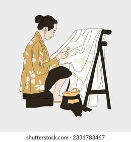 Indonesian Woman Doing Batik in Gawangan, for sticker, background, decoration, or flash card. A simple Vector Design.