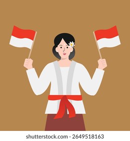 Mulher indonésia saudando com bandeira - Dia da Independência Ilustração Vetor
