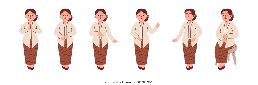 Indonesian Woman Wear Traditional Kebaya Attire with Various Poses and Gesture