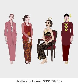 Indonesian Woman Wearing Traditional Clotes, Baju kurung, kebaya, and East Java Clothes. for sticker, background, decoration, or flash card. A simple Vector Design.