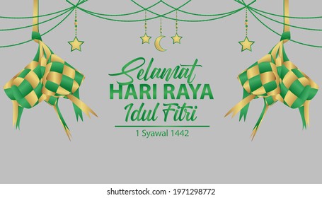 Indonesian words: Selamat Hari Raya Idul Fitri 1442 Hijriah. Translation: Happy Eid Al-Fitr 1442 Hijri. Vector illustration with ketupat realistic, crescent moon, and stars.