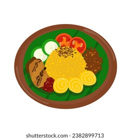 Indonesian yellow rice with rolled egg, chicken, and sauce (nasi kuning)