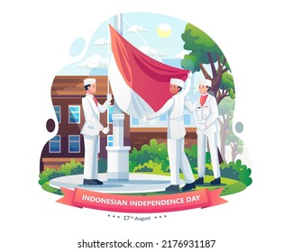 Jóvenes indonesios ondean banderas en el marco de la ceremonia del Día de la Independencia de Indonesia el 17 de agosto. Ilustración vectorial en estilo plano