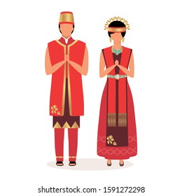Indonesians flat vector illustration. Adult couple. Greetings. Indigenous people. Asian culture. People dressed in national festive red clothing isolated cartoon character on white background