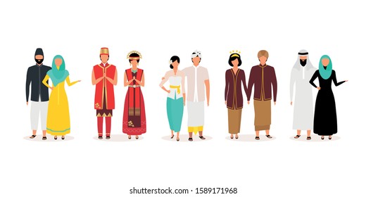 Indonesians flat vector illustrations set. Indigenous people. Asian culture. Adult families. People dressed in national clothing isolated cartoon characters on white background