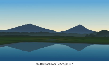 Indonesian-themed abstract background in calming blue hues showcases natural scenery - green grass, flat forests, high hills, mountains, rivers, and lakes, with a tropical island and valley.