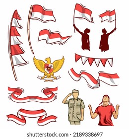 Indonesia's 77th independence day hand drawn illustration set