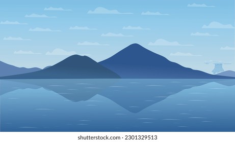 Indonesia's beauty is captured in this stunning vector image of Ternate, Maitara Island. Perfect for travel projects, it features the natural landscape, sea, and sky in shades of blue and green