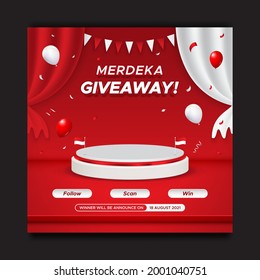 Concurso de entrega del Día de la Independencia de Indonesia plantilla de publicación en medios sociales con podio y globos