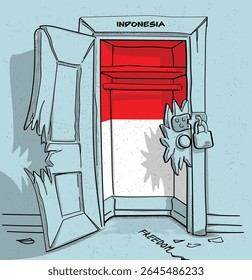 O caminho da liberdade na Indonésia. Ilustração política de uma porta quebrada, mas trancada, com a bandeira nacional. Uma metáfora para luta e esperança.