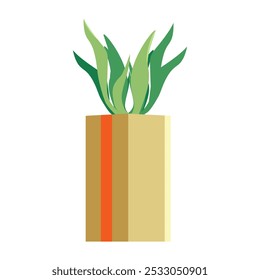 Indoor abstract plant with green leaves in a rectangular pot, highlighted on a white background. A homemade potted plant with a geometric pattern. Flat vector illustration..

