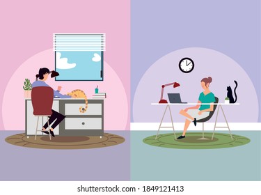 indoor activities, man and woman working in laptop, stay at home vector illustration