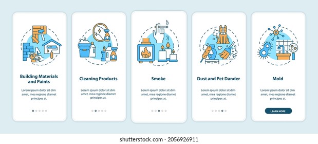 Indoor air pollution onboarding mobile app page screen with concepts. Materials, paints, products walkthrough 5 steps graphic instructions. UI, UX, GUI vector template with linear color illustrations