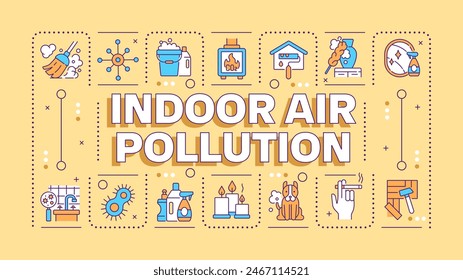 Indoor air pollution yellow word concept. Home air quality. Dust and allergens. Respiratory health. Typography banner. Vector illustration with title text, editable icons color