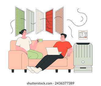 Indoor air quality. Couple enjoying clean air, relaxing at home with an air purifier and a digital air quality monitoring device ensuring a healthy environment. Flat vector illustration.